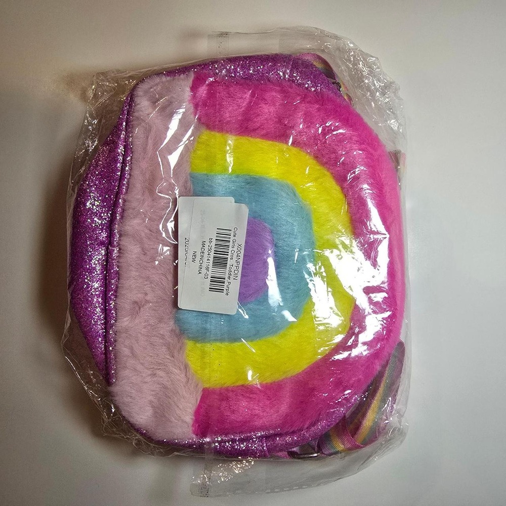 Girls Rainbow Fuzzy Crossbody Purse Purple Glitter Kids Toddler Bag NEW